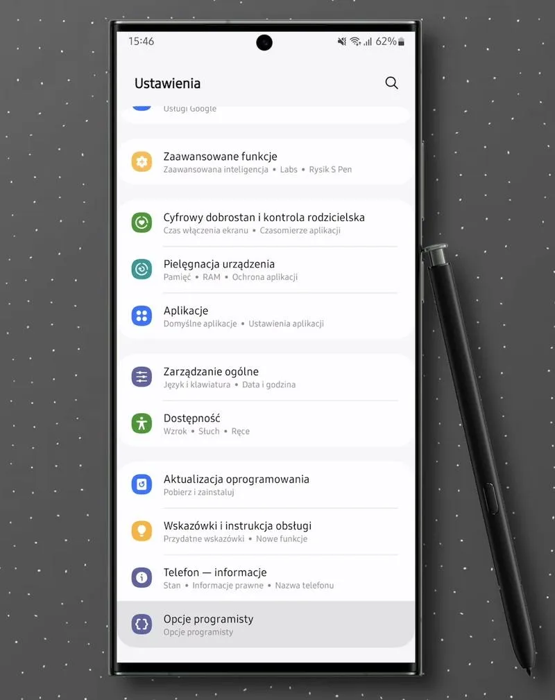 Funkcje opcji programistycznych Android